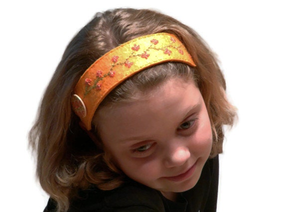 Felt headband Hand embroidered orange wool with flowers and button