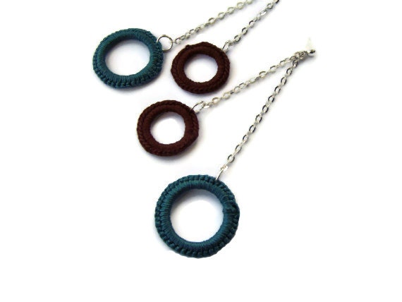 Geometric Earrings, Crochet Dangle Earrings, Chain Dangle Earrings, Crochet Circles, Teal Brown, Boho Shabby Chic, OOAK