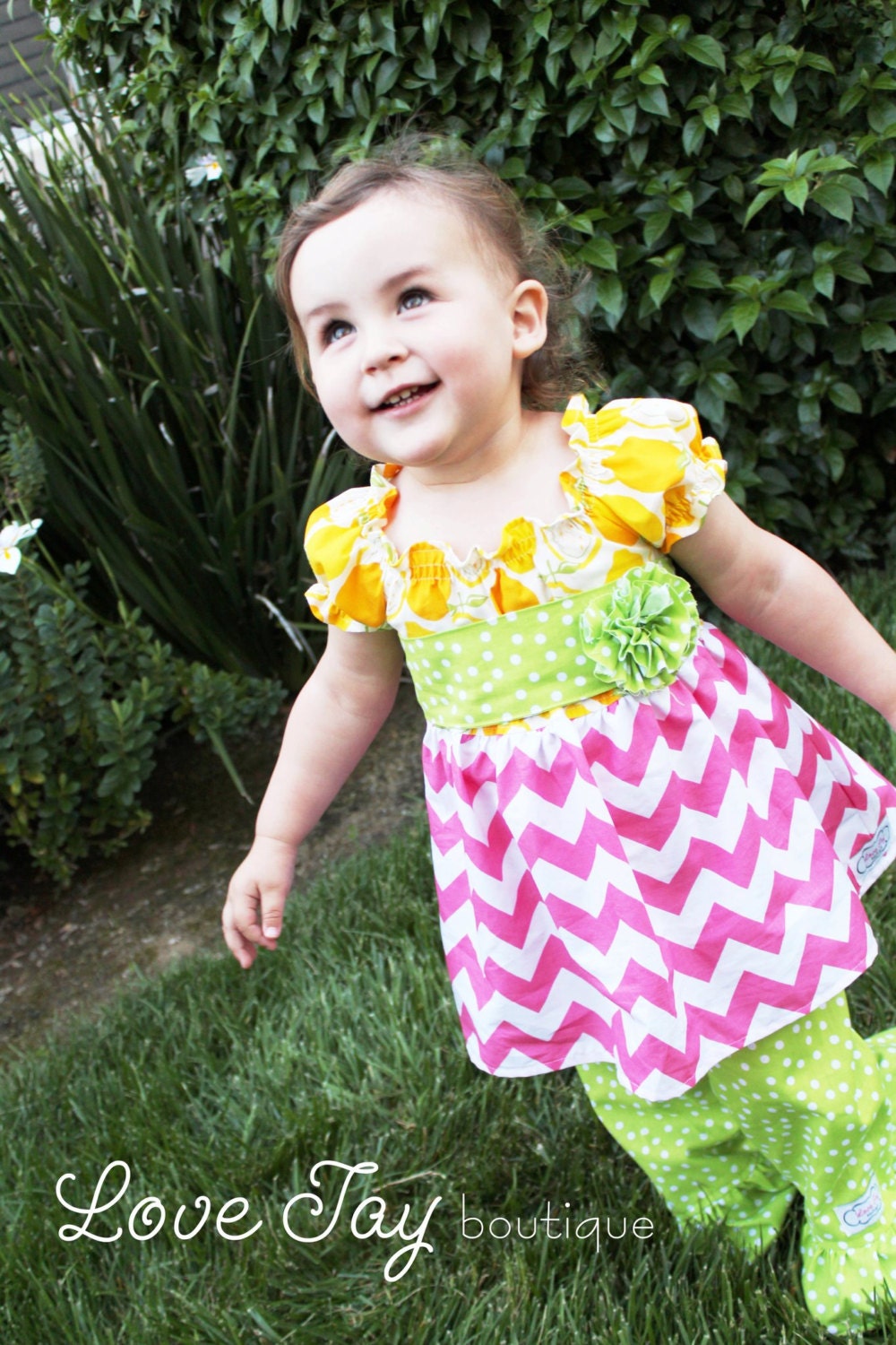 Girls Peasant style tunic and ruffle bottom set "Fresh Squeezed" boutique hand made 6-9 month to 5T...Love Tay Boutique