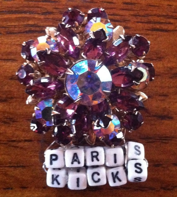 Vintage Violet Floral Crystal Gem Pin with "Paris Kicks" Expression