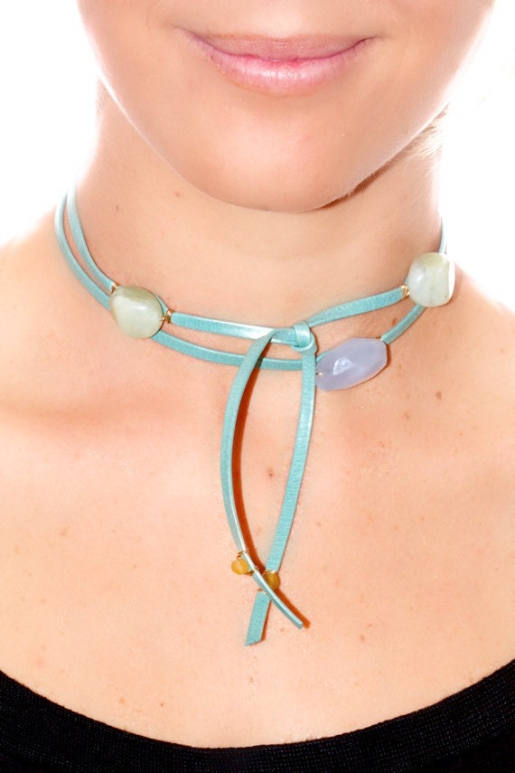 Pale Blue Pastel Leather Wrap Necklace with Aquamarine and Jade Semi Precious Stones