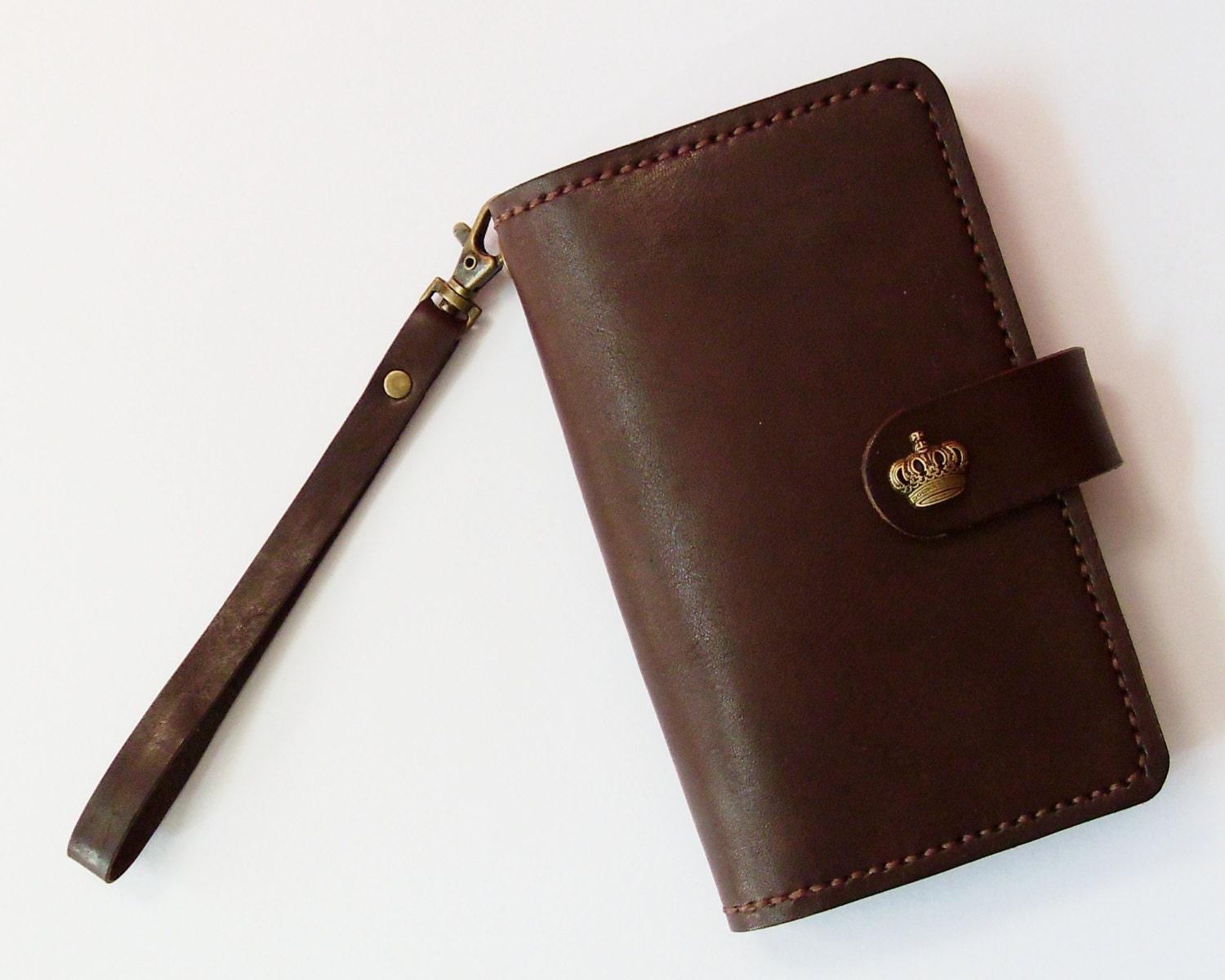 Samsung Galaxy Note 2 Wallet - Leather Samsung Galaxy Note II Case with Crown Button Snap in Dark Brown - Handmade & Hand Stitched