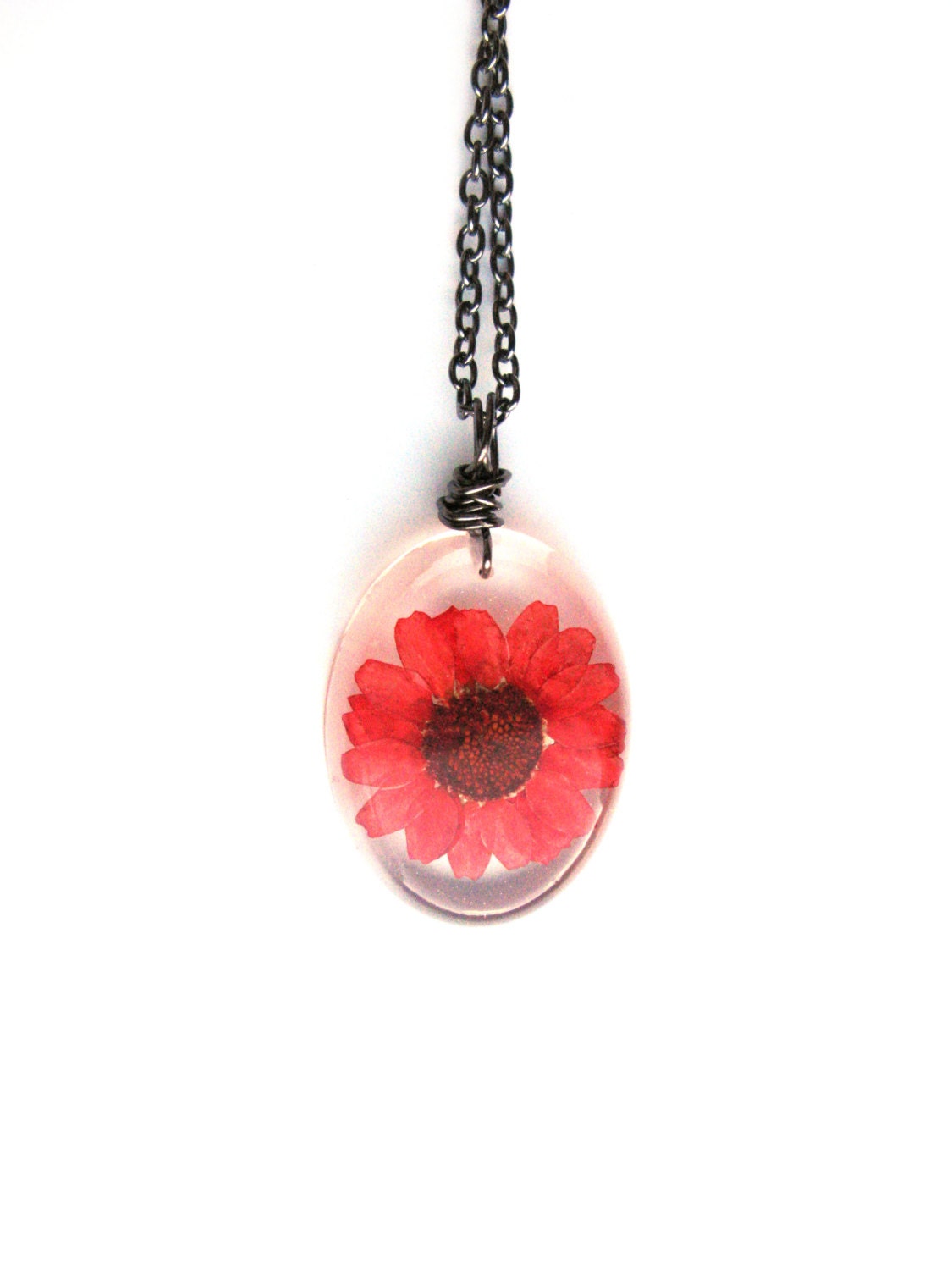 Real Daisy Necklace - Real Pressed Maroon Daisy Encased in Resin - Pressed Flower Jewelry - Resin Necklace - Wire Wrapped Pendant