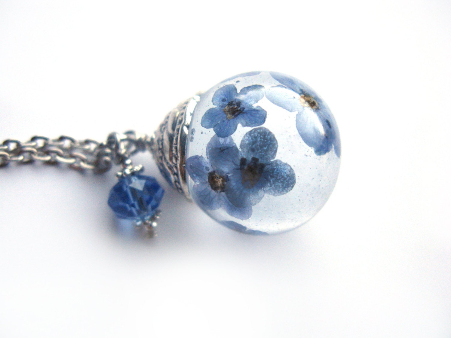 Beautiful Forget me Not Resin Pendant Necklace Sphere  - Flowers encased in resin orb, Pressed Flower Jewelry