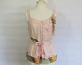 Upcycled Womens Pink Sleeveless Romantic Top Juniors Repurposed Shirt