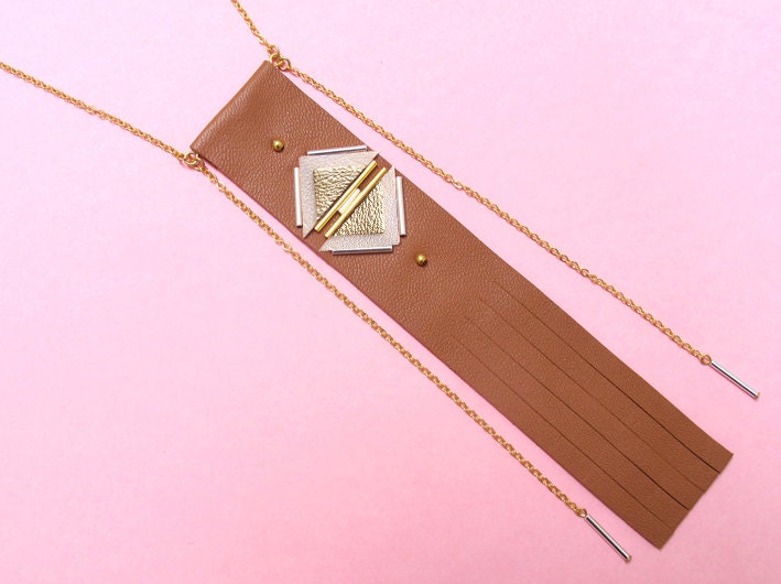 Luxor long necklace caramel, leather, fringes, triangles, ethnic chic style