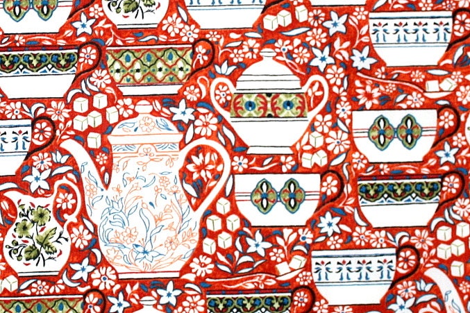Liberty Fabric Elevenses Red Teapots Cups Jugs Large Fat Eighth Tana Lawn Fabric
