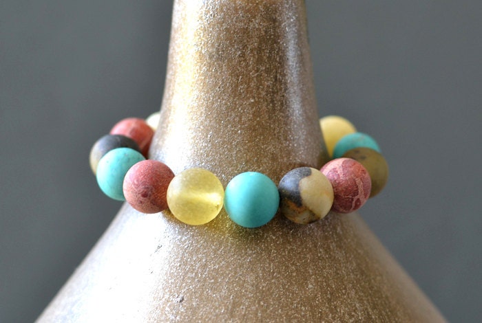 Blue Sky Turquoise Coral Amber Bracelet Rustic Colorful Boho Bracelet Gold Blue Red Bohemian Bead Bracelet
