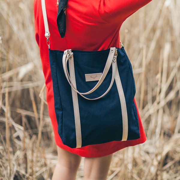 Navy blue, cotton tote handbag BEAR / natural leather handles and strap