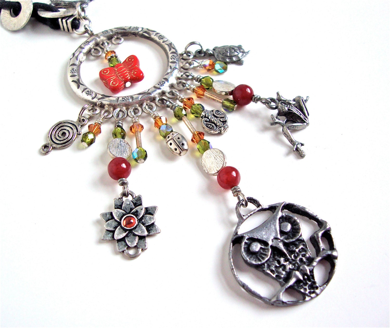 Unique statement owl necklace - bohemian red & silver owl necklace with waxed cotton cord - woodland inspired by Sparkle City Jewelry