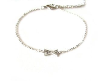 Tiny crystal bow silver bracelet-minimal jewelry-little charm