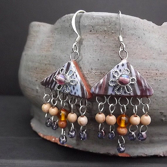 Boho Indigo Blue Triangle Chandelier Earring Silver Plate