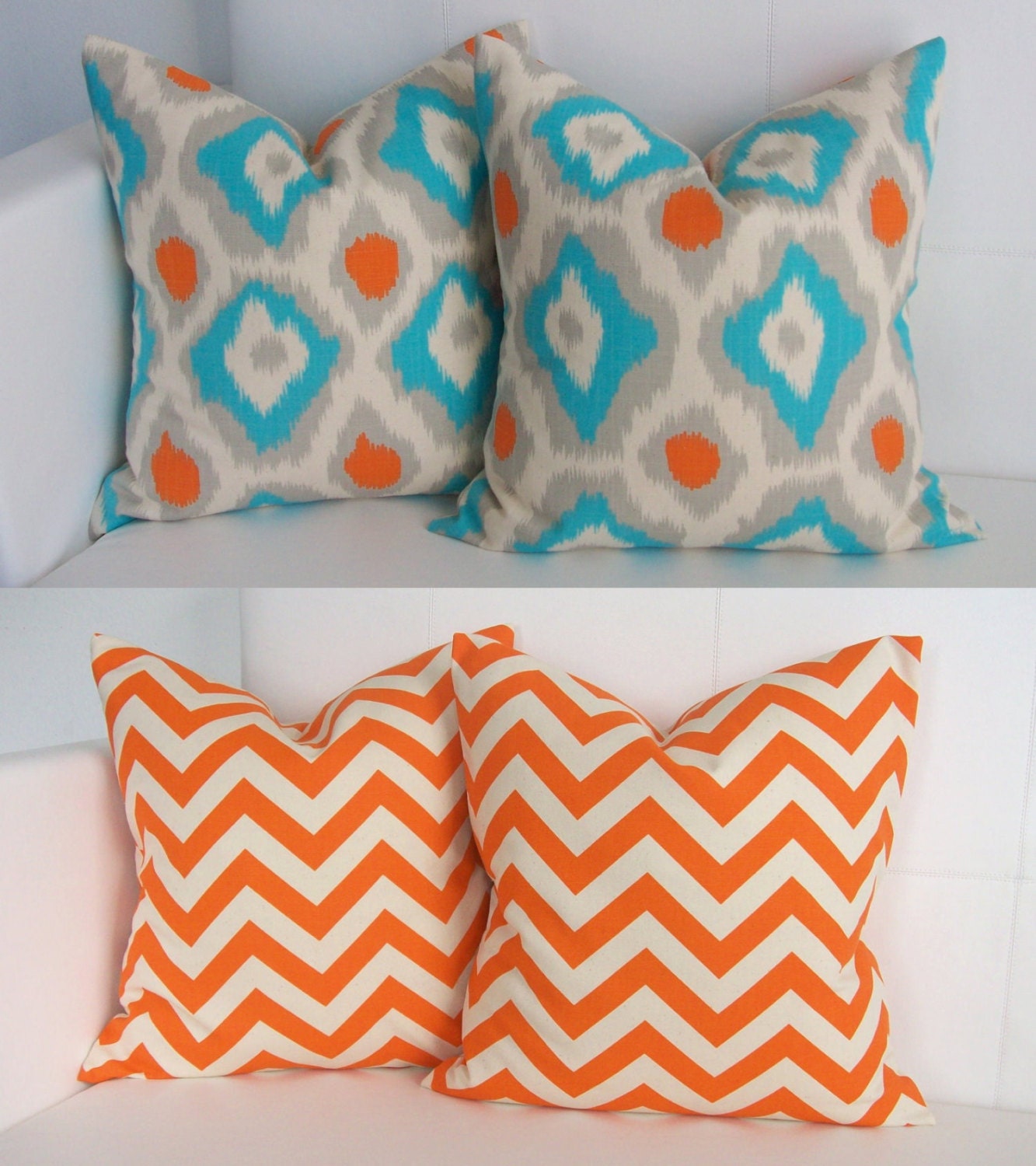 Orange Chevron and Ikat Blue and Orange - Set of FOUR 16x16 Covers