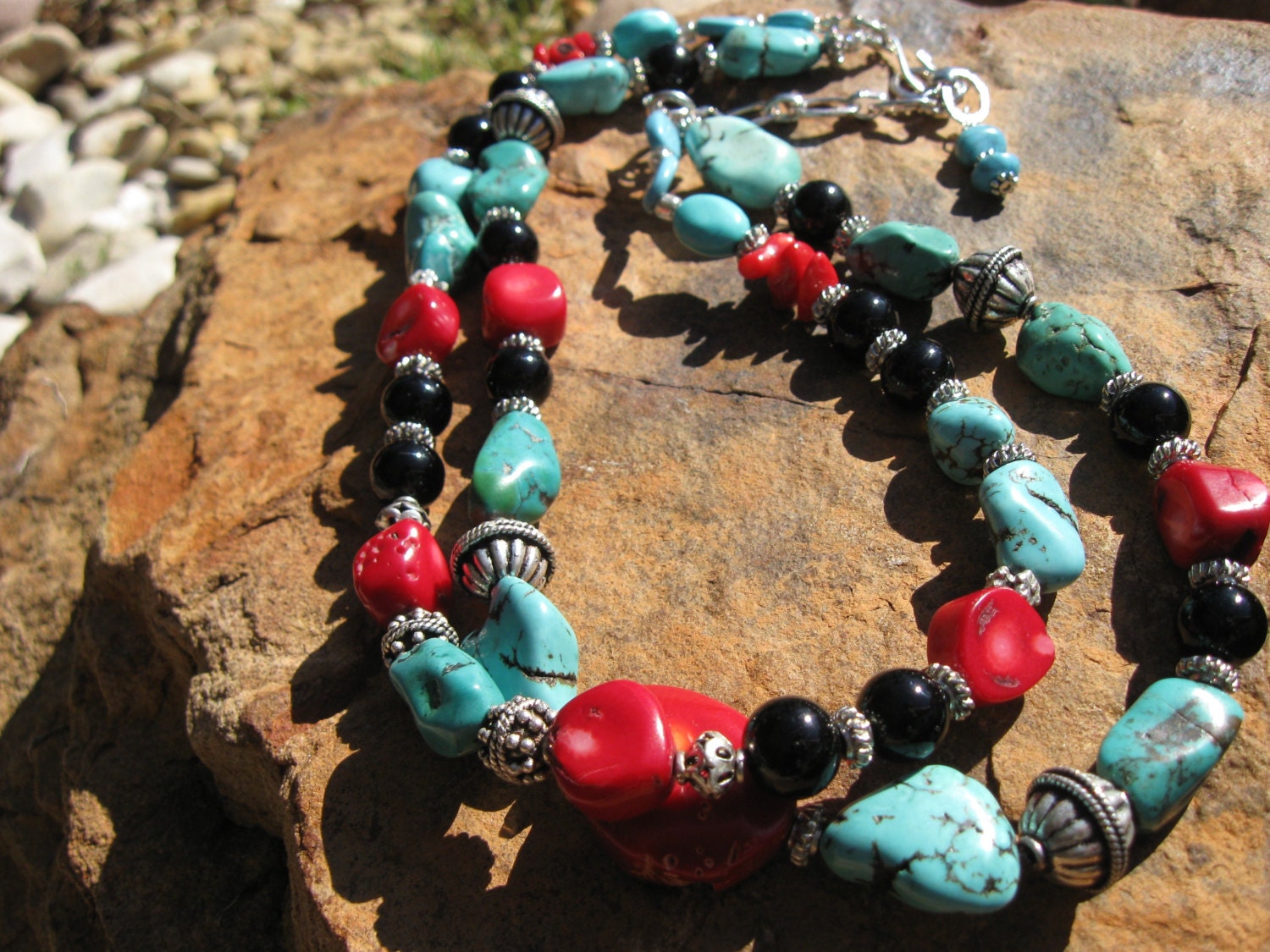 Turquoise and Coral Double Strand Necklace