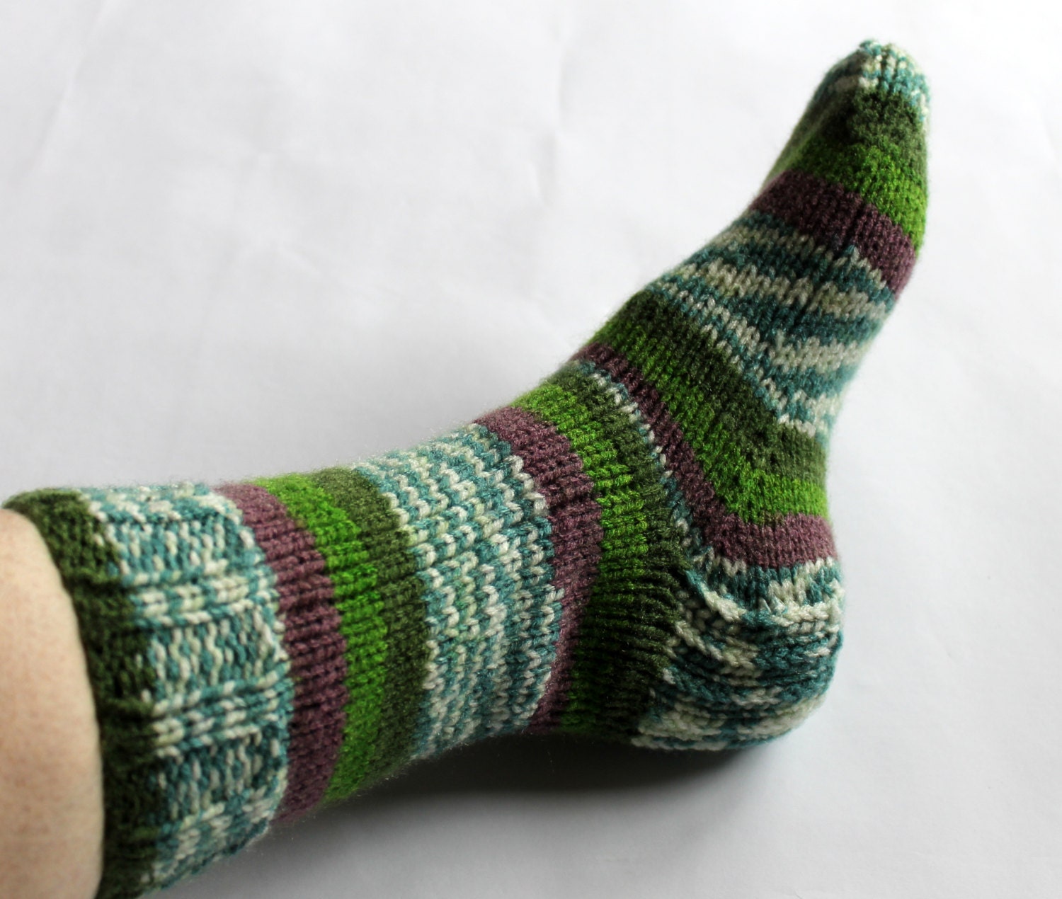 Hand Knit  Socks -  Green Bernat Jacquard Yarn  -  Women - Size Small (5-6)