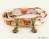 French Fabric bracelet - Wrap Bracelet - Japanese pattern bias with bronze stars- charm bracelet