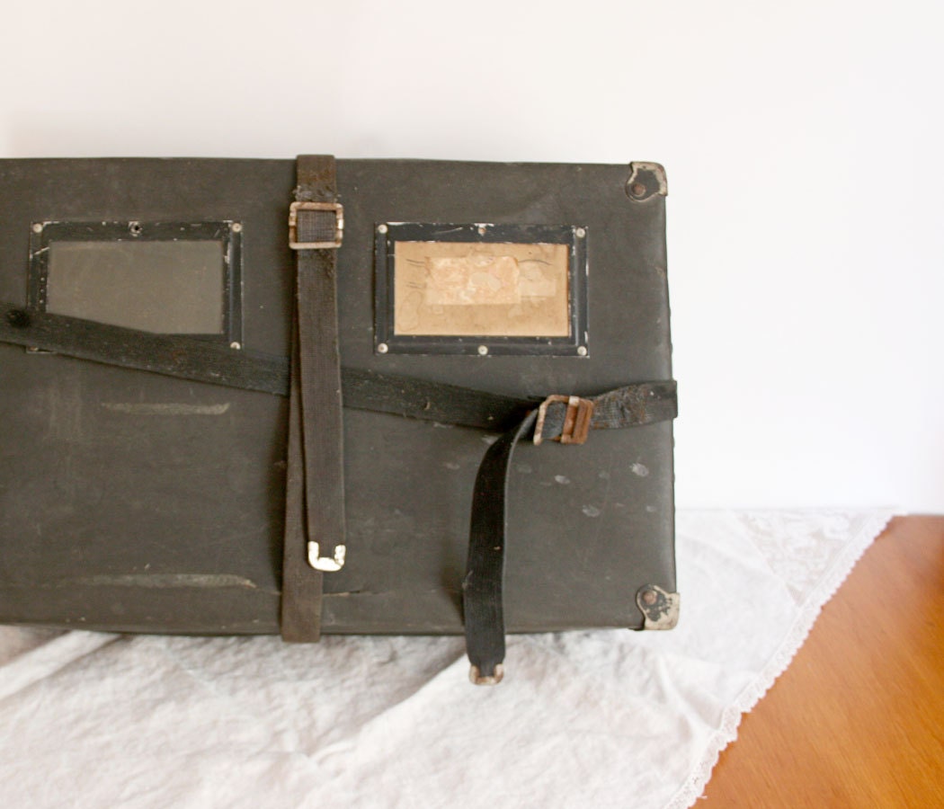 Vintage Shipping Box - black industrial straps postal container 1940s storage - TheHeirloomShoppe
