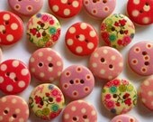 10 red/pink spotty and floral, round wooden buttons, 15mm