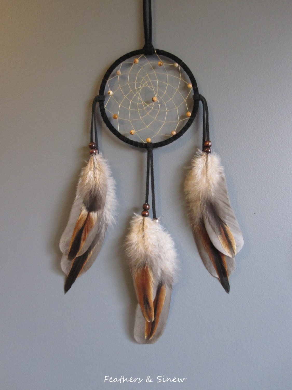 Dream Catcher Black Suede with Rooster Wing Feathers