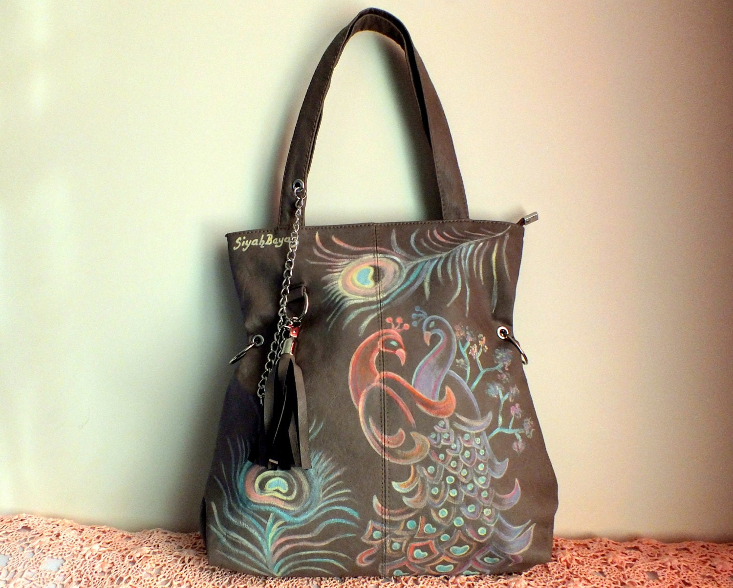 PEACOCK LOVE Khaki brown tote bag ,vegan leather hand painted purse
