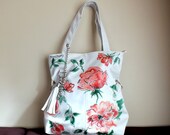 White shoulder bag, faux leather everyday purse, hand painted ROSES