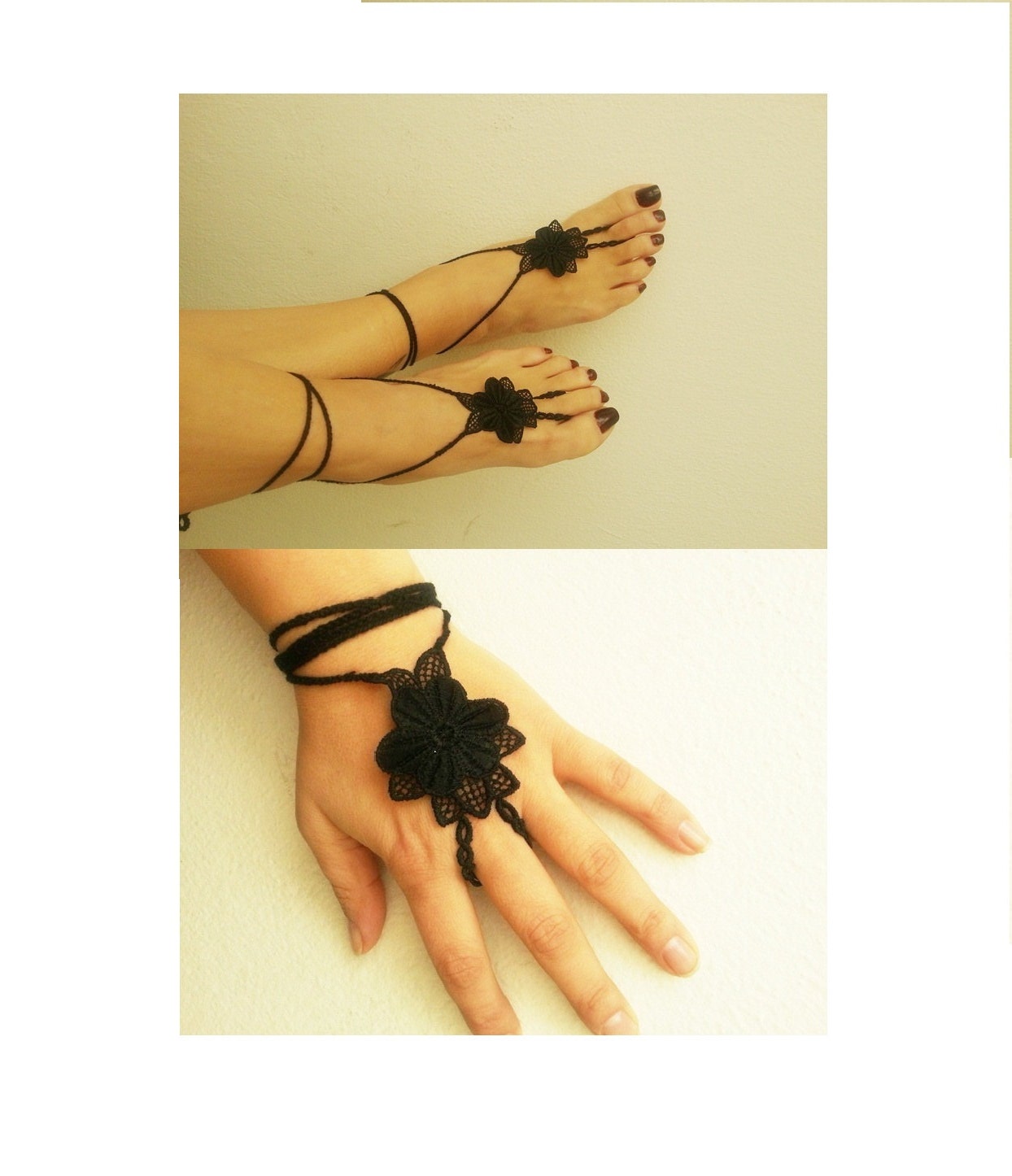 LUX Gothic Black  Barefoot Sandals,Wedding Gloves, Foot jewelry, Wedding, Victorian Lace, Sexy, Lolita, Yoga, Anklet