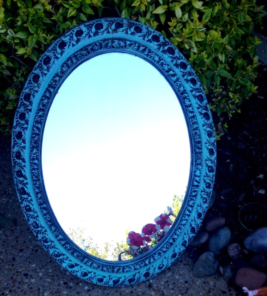Vintage Ornate Mirror in Aqua//Sea Foam Green