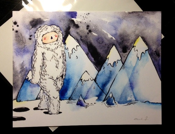 Yeti / Abominable Snowman Print of a Watercolor Painting, Snow Art Drawing Winter Cold Chilly