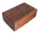 Hand carved wood cigar / vanity box HIDDEN secret LOCK slide bar. Vintage wooden chest floral folk art carving. INLAID brass, Jewelry holder
