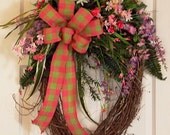 Spring Grapevine Wreath for Easter, pink, purple, yellow, Burlap Bow, Mothers Day Gift, Holidays,
