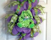 Easter, Spring Rabbit Deco Mesh Wreath, Bunny Rabbit Wreath, Green, Purple, Bow