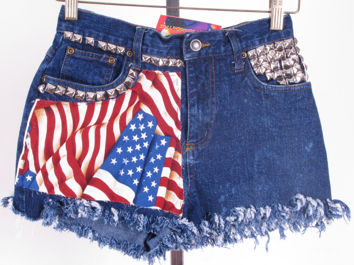 vintage reconstructed jeans studded fringe distressed denim lace ankara print ethnic hippy vintage high waist jean micro shorts size 4