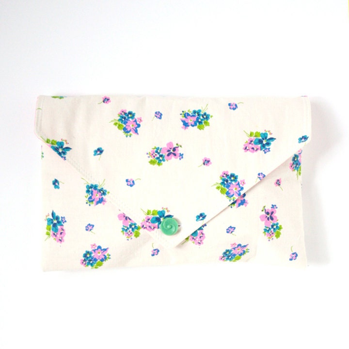 Large floral print clutch: pink, blue, lime green, off white