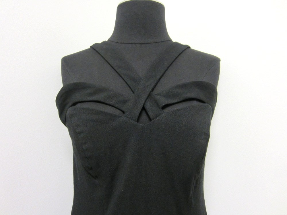 1980s Short Black Bodycon Wiggle Dress with Criss Cross Straps and Peek-a-boo Bust - Sexy Femme Fatale Vamp Noir