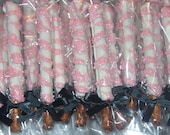 Chocolate Covered Pretzel Rods Blue or Pink Ice or White Lace White Chocolate Sprinkled Sugar Crystals Shower Wedding Birthday 1 dozen