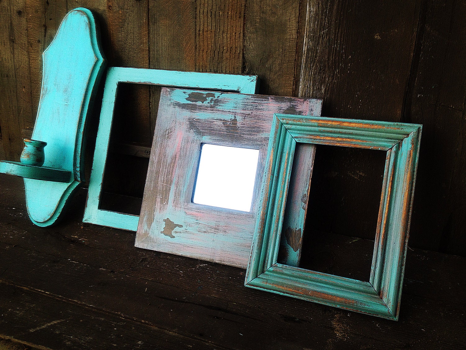 OPEN / EMPTY Wooden Wall Frames Painted in Robins Egg , Turquoise & Desert Rose - Distressed