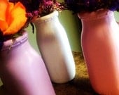 1950's 8 Oz / Half Pint MILK BOTTLES - Repurposed - Flower Vases - Set of 3 - Painted in Hydraenga Purple, Pink & White