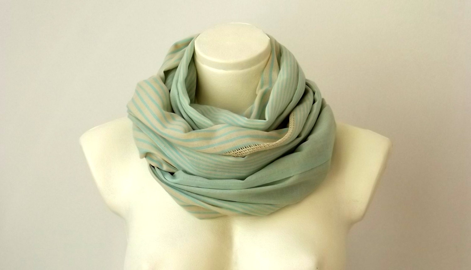 Cotton Mint Green Infinity Scarf Natural Beige Striped, Loop Circle Eternity Scarf, Spring Fashion Color,  Pareo