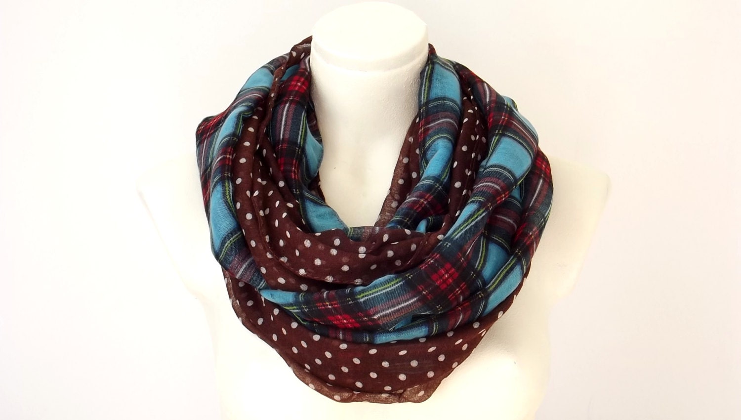 Infinity Scarf Plaid Polka Dot -Turquoise Red & Brown Ivory - Loop Circle Chunky Scarf Spring Accessory