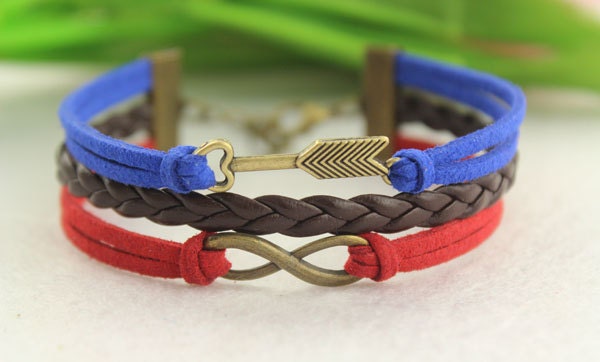 infinity bracelet--love arrow bracelet,antique bronze charm pendant,brown braid leather bracelet,red and blue cord ,MORE COLORS