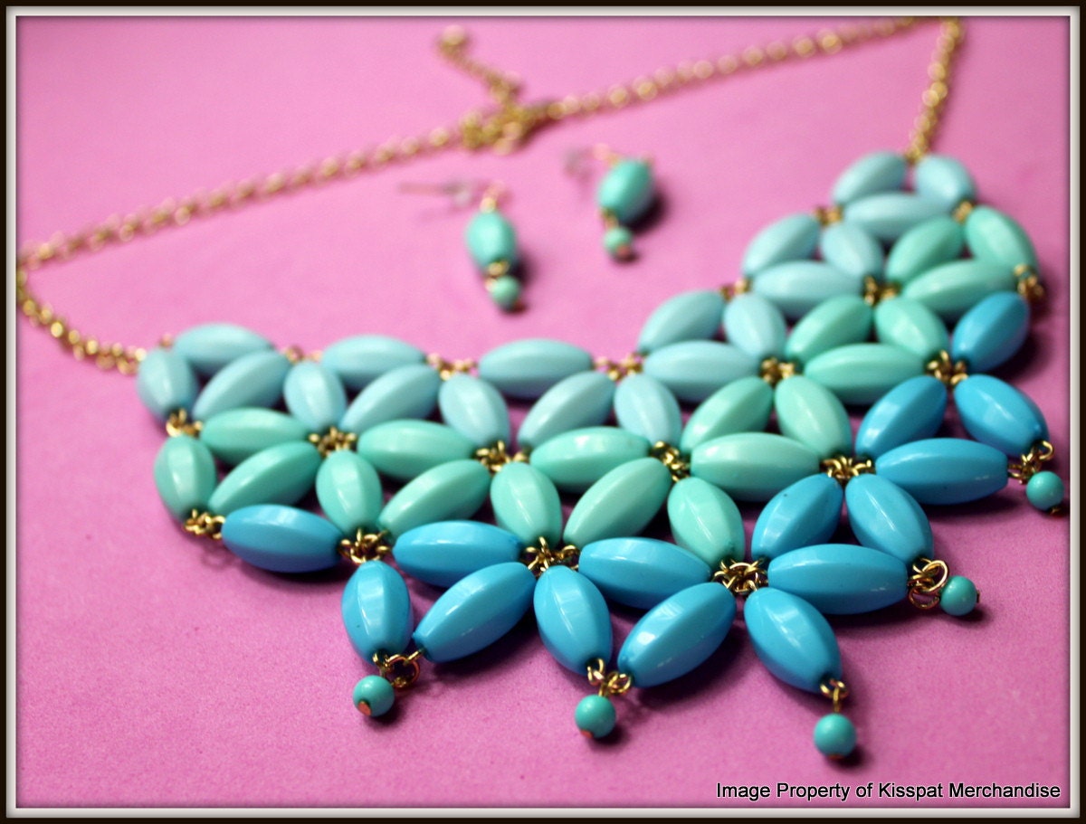 Ombre BLUE Statement Necklace, Floral Collar Shape Necklace,J.Crew Inspired Bib Necklace, FREE earrings attached