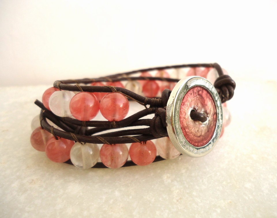 Cherry, White Quartz  Double Wrap Bracelet/Chan Luu inspired/stack bracelet/boho/pastel colours/spring, summer 2013 trend/salmon peach pink