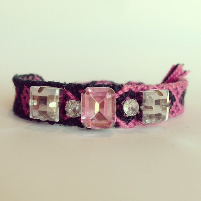 Friendship bracelet, Rhinestone friendship bracelet, pink bracelet, pink rhinestone, statement jewelry, rhinestone bracelet, neon