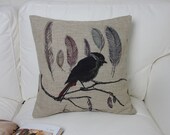 1 handmade linen bird and  Feather tree printed fashion decorative pillow cover / cushion case 18"