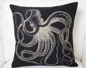 1 handmade cotton linen simple black background printed Octopus style   throw pillow cover / decorative pillow case / cushion cover 18"