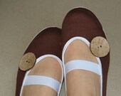 mary janes summer woman girls shoes, handcrafted with huge button, brown cotton, flexible sole, gym ballet flats dance dancing dress shoes