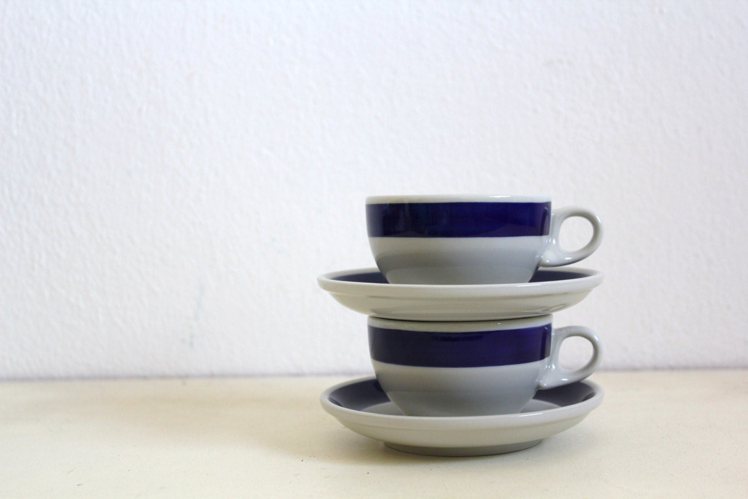 Vintage Coffee Cups and Saucers Navy White Portuguese Pottery