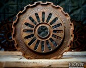Antique Industrial Cast Iron Gear Sculpture, Machine Age Factory Decorative Metal Wheel