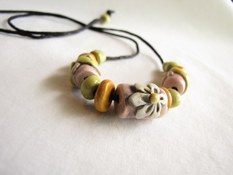 Pink flower and orange Beads necklace - polymer clay  - Wearable art