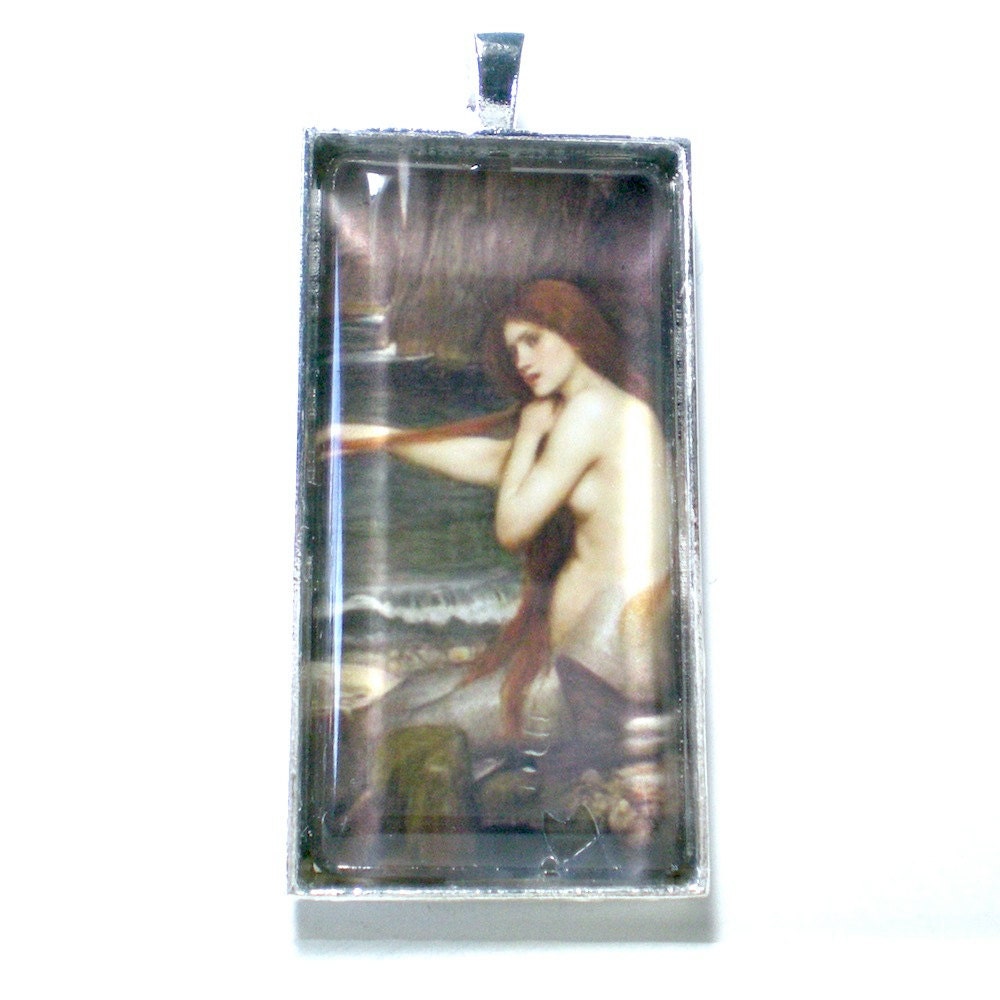 Altered Art Pendant, Vintage Mermaid Photo Pendant, , Glass Dome Pendant Necklace
